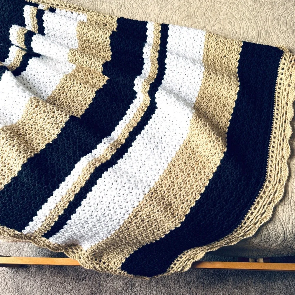 Crochet Afghan Blanket Handmade New Stripe Tan Black White Throw 52x44 Cozy Gift